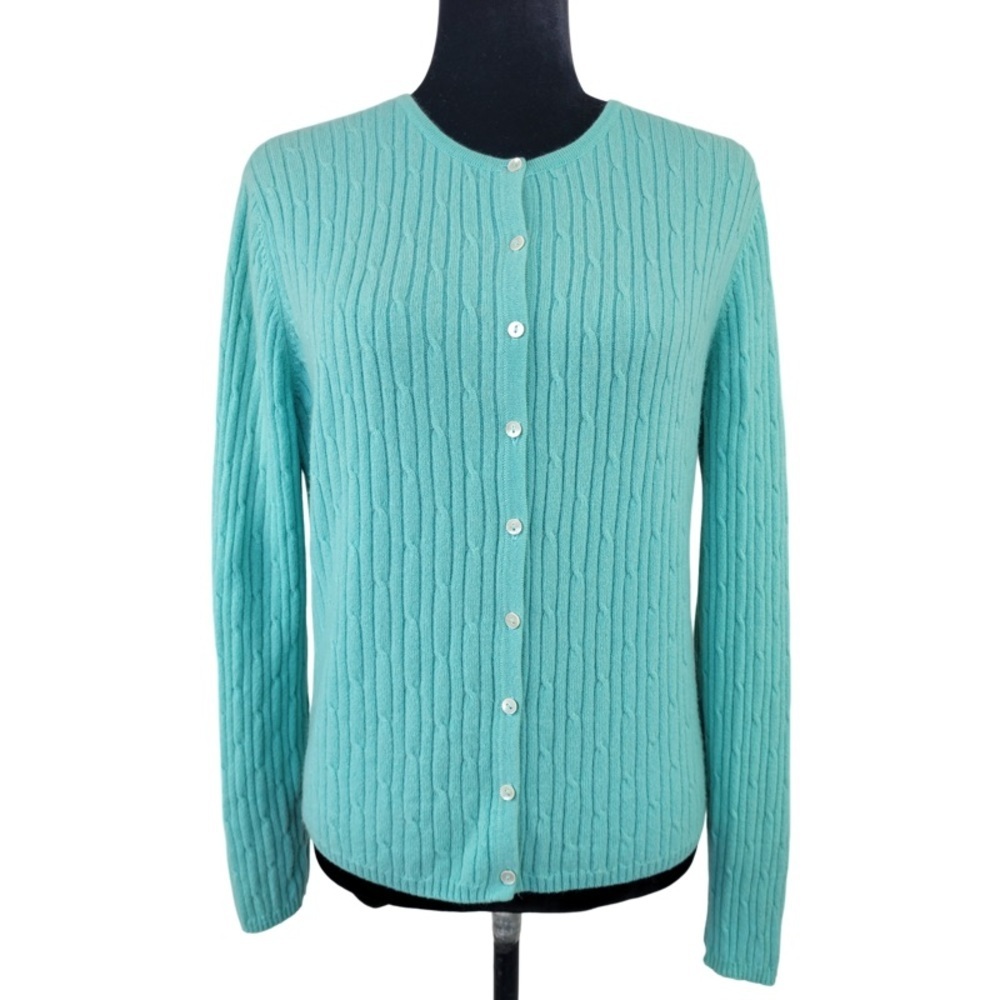 Grayson & Dunn woman’s teal color 100% cashmere cable knit cardigan sweater MP
